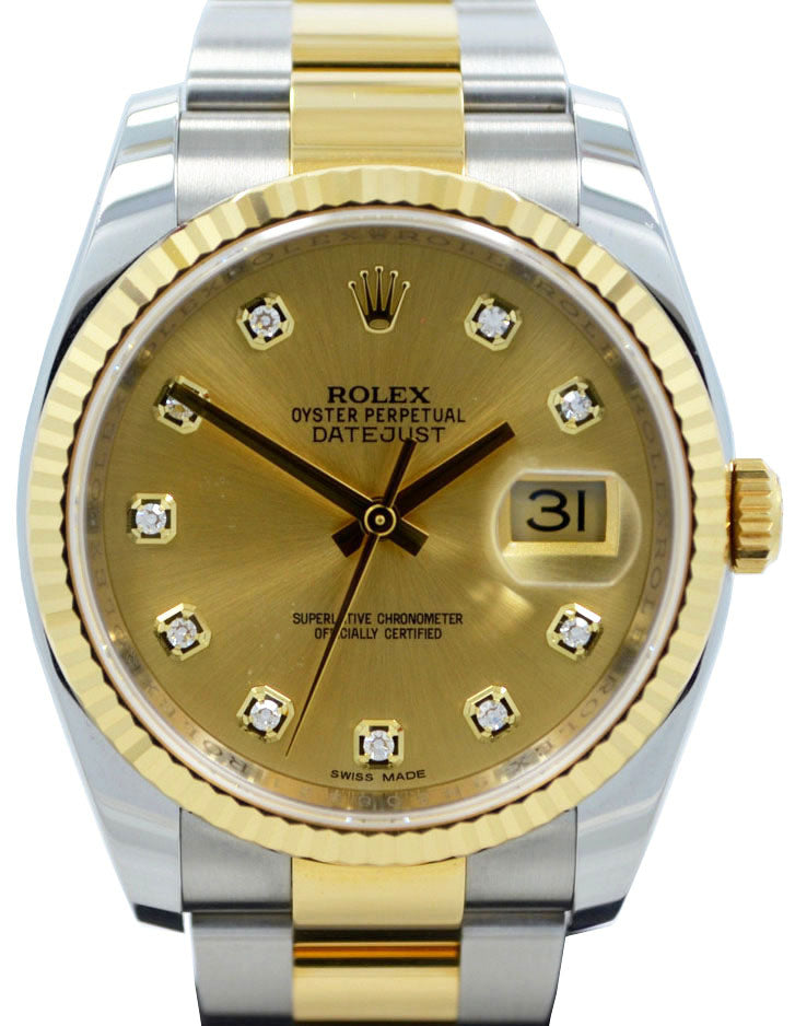 Rolex Datejust 36 116233-GLDDFO Champagne Diamond Fluted Yellow Gold Stainless Steel Oyster - BRAND NEW