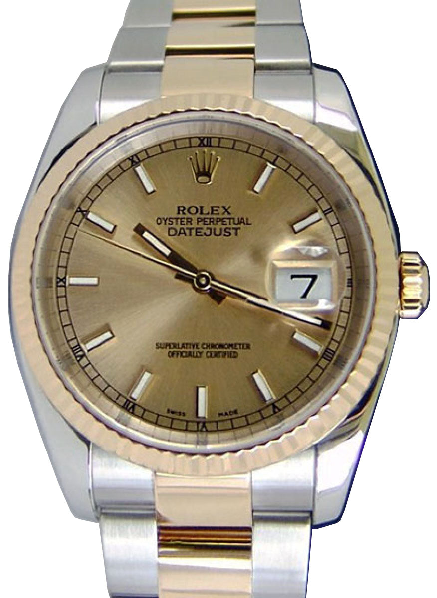 Rolex Datejust 36 116233-GLDSFO Champagne Index Fluted Yellow Gold Stainless Steel Oyster - BRAND NEW