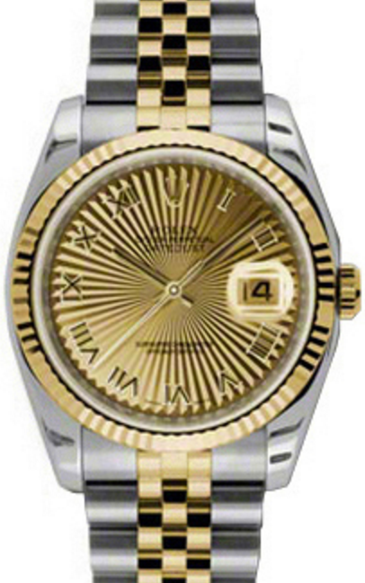Rolex Datejust 36 116233-GLSRFJ Champagne Sunbeam Roman Fluted Yellow Gold Stainless Steel Jubilee - BRAND NEW