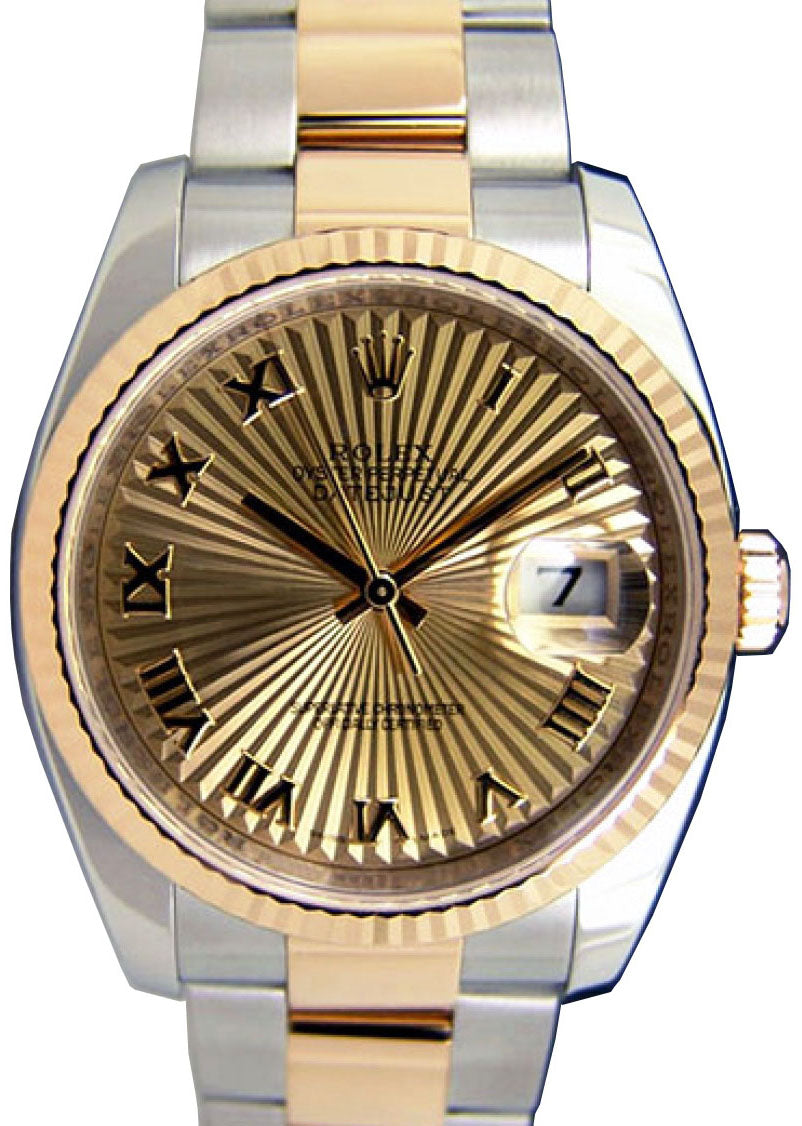 Rolex Datejust 36 116233-GLSRFO Champagne Sunbeam Roman Fluted Yellow Gold Stainless Steel Oyster - BRAND NEW