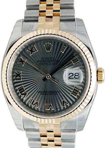 Rolex Datejust 36 116233-GRSRFJ Grey Sunbeam Roman Fluted Yellow Gold Stainless Steel Jubilee - BRAND NEW