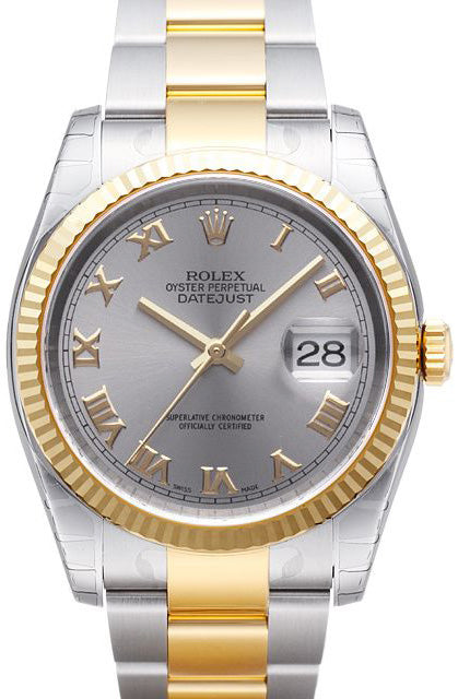 Rolex Datejust 36 116233-GRYRFO Grey Roman Fluted Yellow Gold Stainless Steel Oyster - BRAND NEW