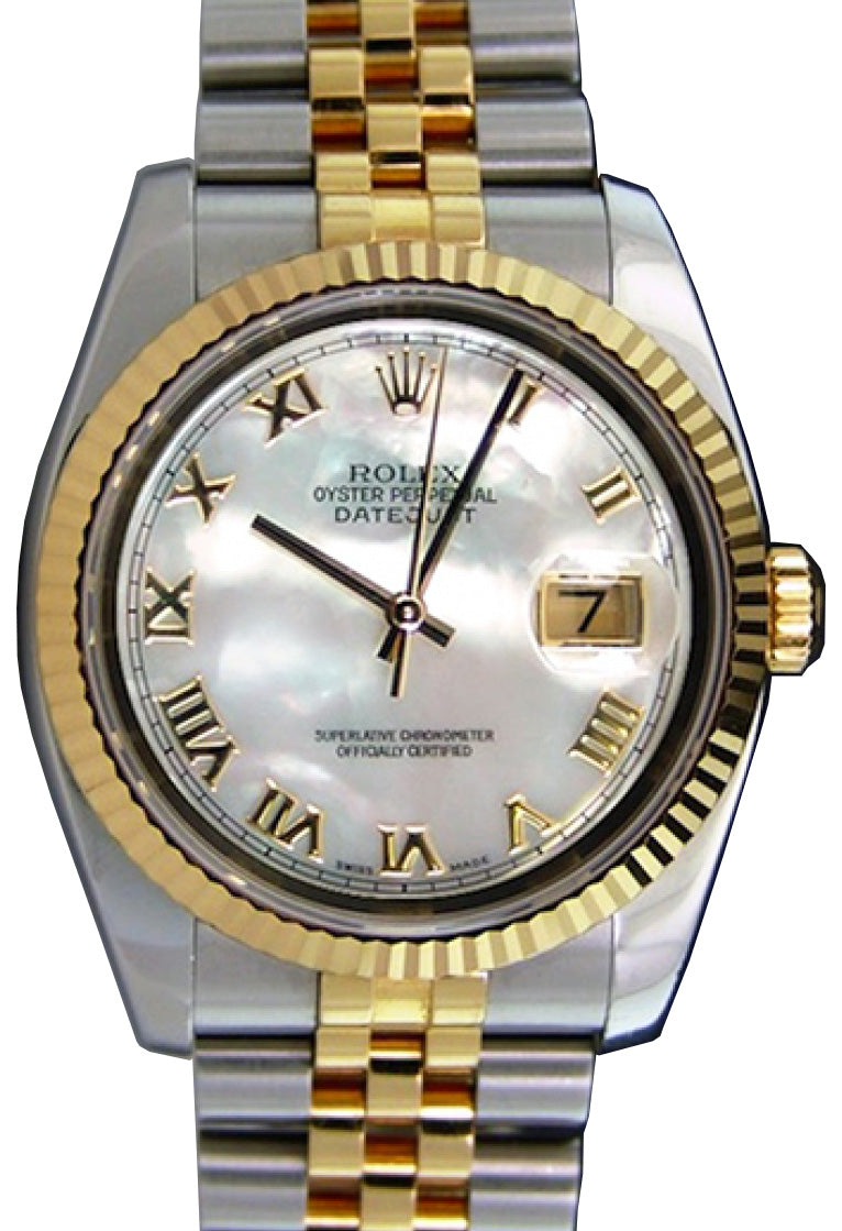 Rolex Datejust 36 116233-MOPRFJ White Mother of Pearl Roman Fluted Yellow Gold Stainless Steel Jubilee - BRAND NEW