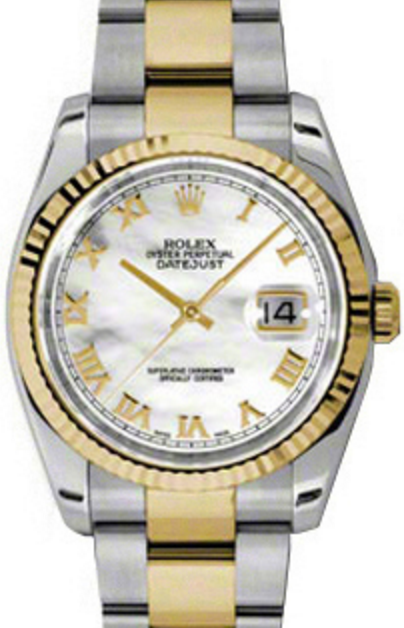 Rolex Datejust 36 116233-MOPRFO White Mother of Pearl Roman Fluted Yellow Gold Stainless Steel Oyster - BRAND NEW