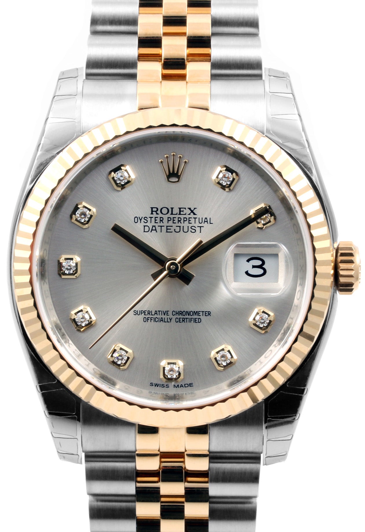 Rolex Datejust 36 116233-SLVDFJ Silver Diamond Fluted Yellow Gold Stainless Steel Jubilee - BRAND NEW