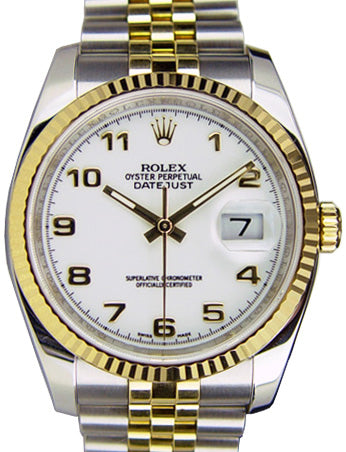 Rolex Datejust 36 116233-WHTAFJ White Arabic Fluted Yellow Gold Stainless Steel Jubilee - BRAND NEW