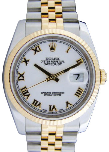 Rolex Datejust 36 116233-WHTRFJ White Roman Fluted Yellow Gold Stainless Steel Jubilee - BRAND NEW