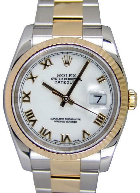 Rolex Datejust 36 116233-WHTRFO White Roman Fluted Yellow Gold Stainless Steel Oyster - BRAND NEW