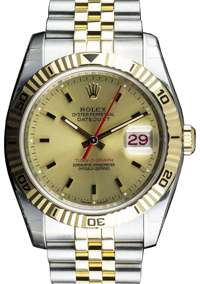 Rolex Datejust 36 Yellow Gold/Steel Champagne Index Dial & Turn-O-Graph Thunderbird Bezel Jubilee 116263