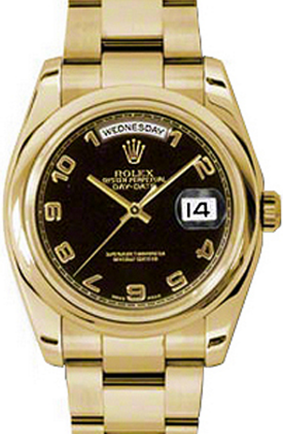 Rolex Day-Date 36 118208-BLKADO Black Arabic Yellow Gold Oyster - BRAND NEW