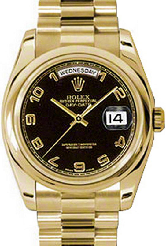 Rolex Day-Date 36 118208-BLKADP Black Arabic Yellow Gold President - BRAND NEW