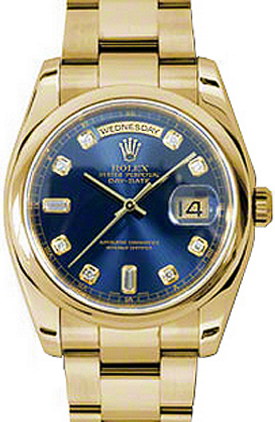 Rolex Day-Date 36 118208-BLUDDO Blue Diamond Yellow Gold Oyster - BRAND NEW