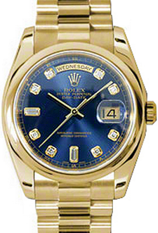 Rolex Day-Date 36 118208-BLUDDP Blue Diamond Yellow Gold President - BRAND NEW