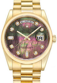 Rolex Day-Date 36 118208-DMOPDDP Dark Mother of Pearl Diamond Yellow Gold President - BRAND NEW