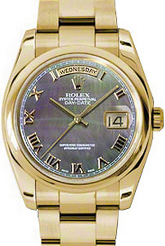 Rolex Day-Date 36 118208-DMOPRDO Dark Mother of Pearl Roman Yellow Gold Oyster - BRAND NEW