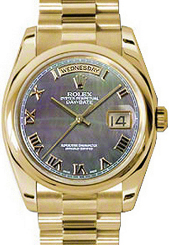 Rolex Day-Date 36 118208-DMOPRDP Dark Mother of Pearl Roman Yellow Gold President - BRAND NEW