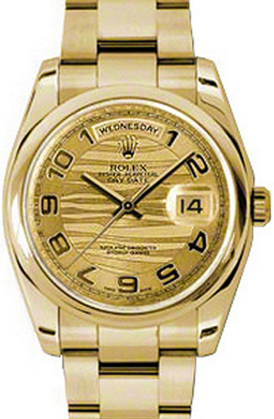 Rolex Day-Date 36 118208-GLWADO Champagne Arabic Wave Dial Yellow Gold Oyster - BRAND NEW