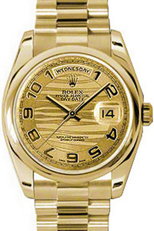 Rolex Day-Date 36 118208-GLWADP Champagne Arabic Wave Dial Yellow Gold President - BRAND NEW
