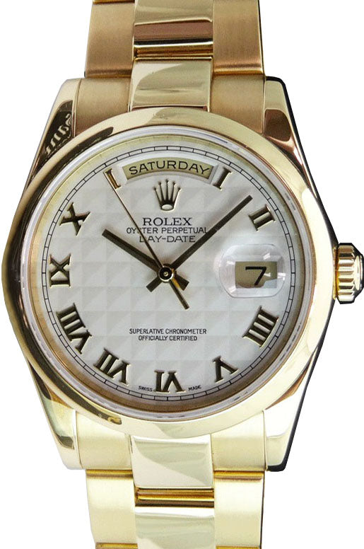 Rolex Day-Date 36 118208-IVPRDO Ivory Roman Pyramid Yellow Gold Oyster - BRAND NEW