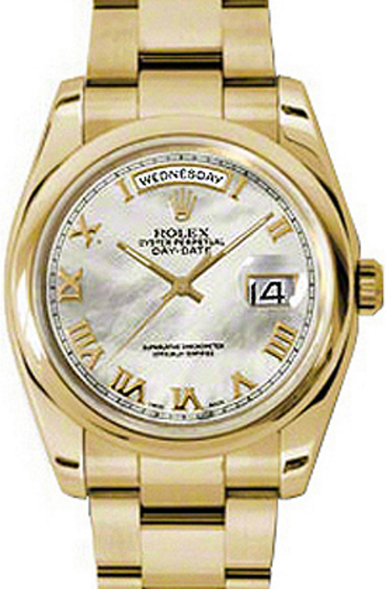 Rolex Day-Date 36 118208-MOPRDO White Mother of Pearl Roman Yellow Gold Oyster - BRAND NEW