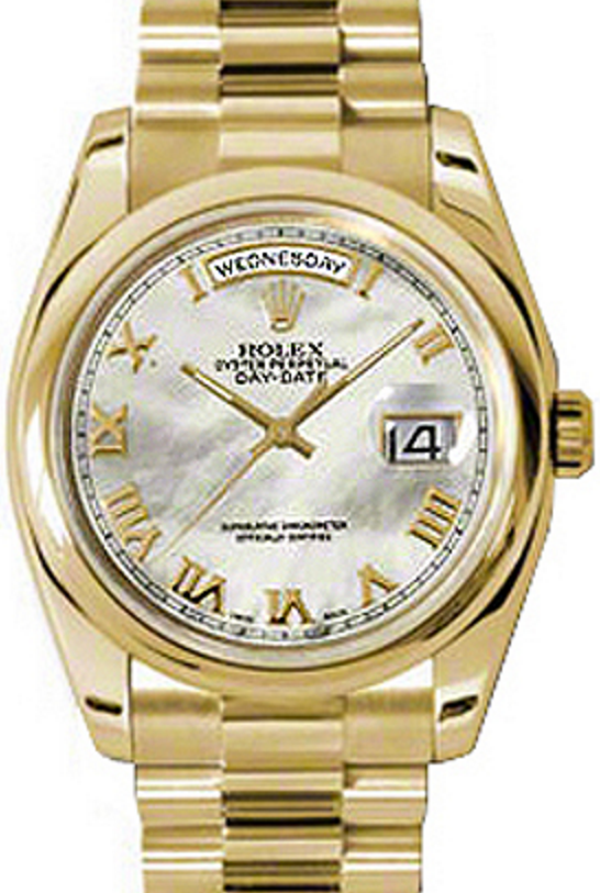 Rolex Day-Date 36 118208-MOPRDP White Mother of Pearl Roman Yellow Gold President - BRAND NEW