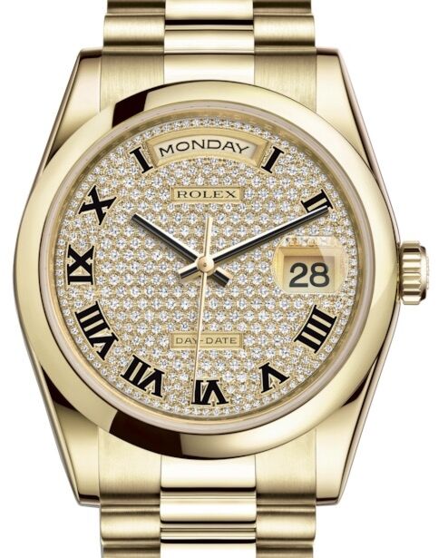 Rolex Day-Date 36 36 mm 118208DPRP Yellow Gold Diamond Pave