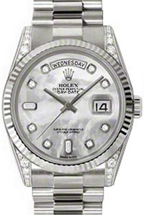 Rolex Day-Date 36 118339-MOPDFP White Mother of Pearl Diamond Set Fluted White Gold President - BRAND NEW