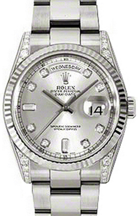 Rolex Day-Date 36 118339-SLVDFO Silver Diamond Set Fluted White Gold Oyster - BRAND NEW