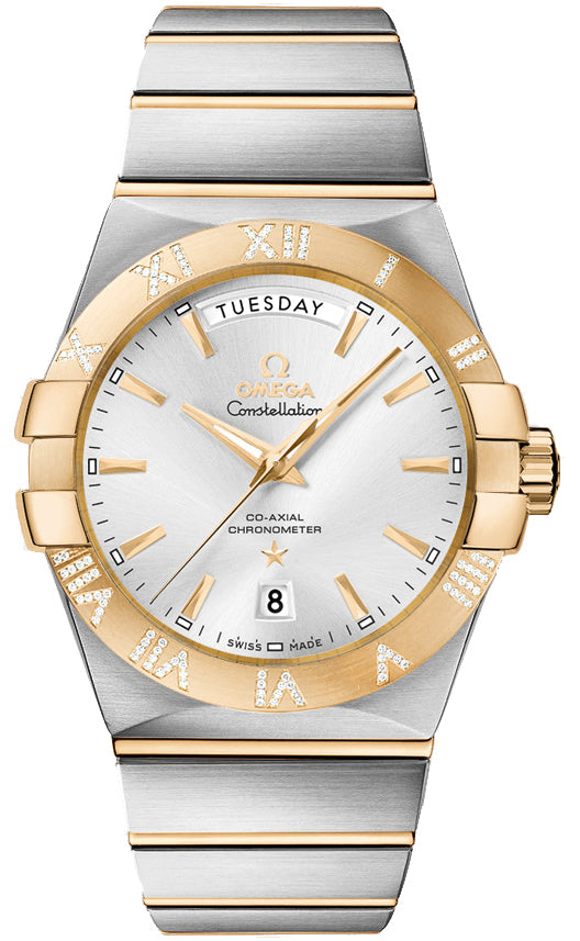OMEGA 123.25.38.22.02.002 CONSTELLATION CO-AXIAL DAY-DATE 38mm STEEL AND YELLOW GOLD BRAND NEW