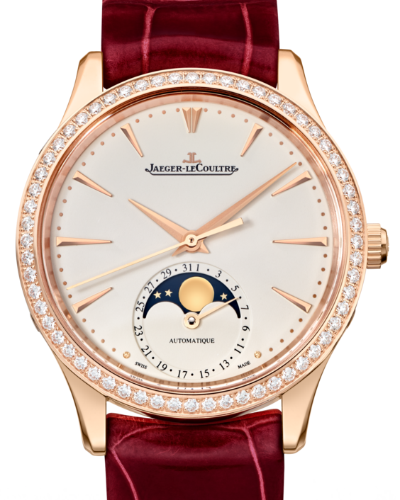 Jaeger-LeCoultre Calibre 925/1 Master Ultra Thin Moon 1252501 Eggshell Beige Index Diamond Bezel Rose Gold Red Leather 34mm Automatic BRAND NEW