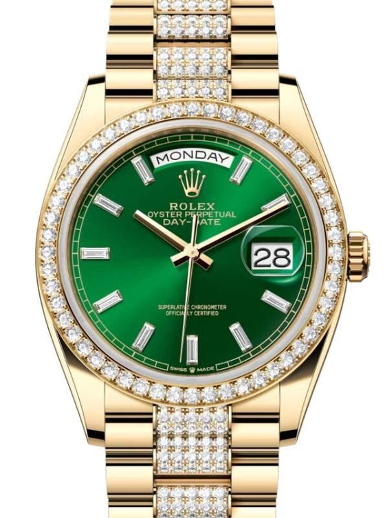 Rolex Day-Date 36 36 mm 128348RBRBGDDP Yellow Gold/Diamonds Green