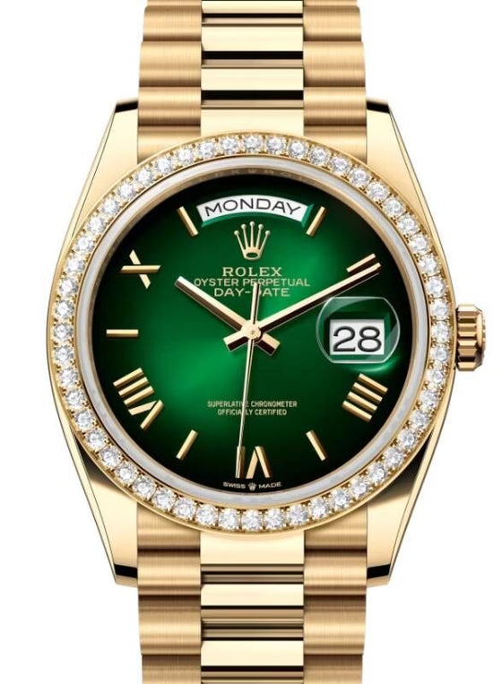 Rolex Day-Date 36 36 mm 128348RBRGOP Yellow Gold/Diamonds Green