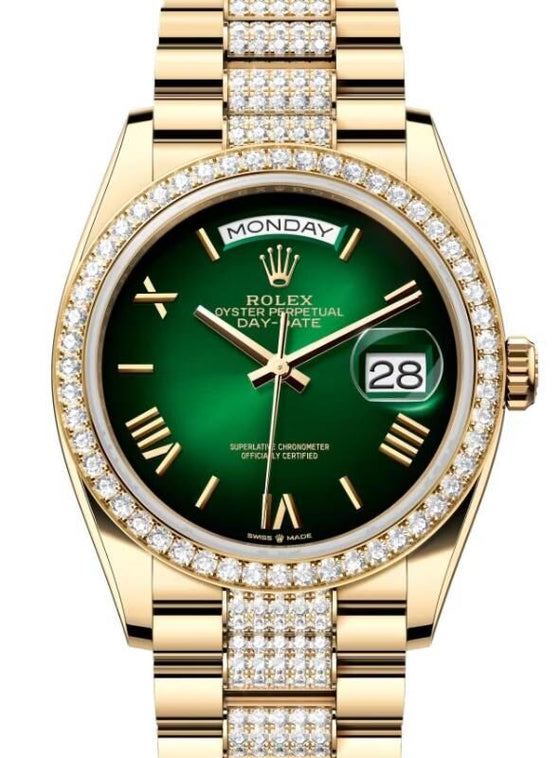 Rolex Day-Date 36 36 mm 128348RBRGORDP Yellow Gold/Diamonds Green
