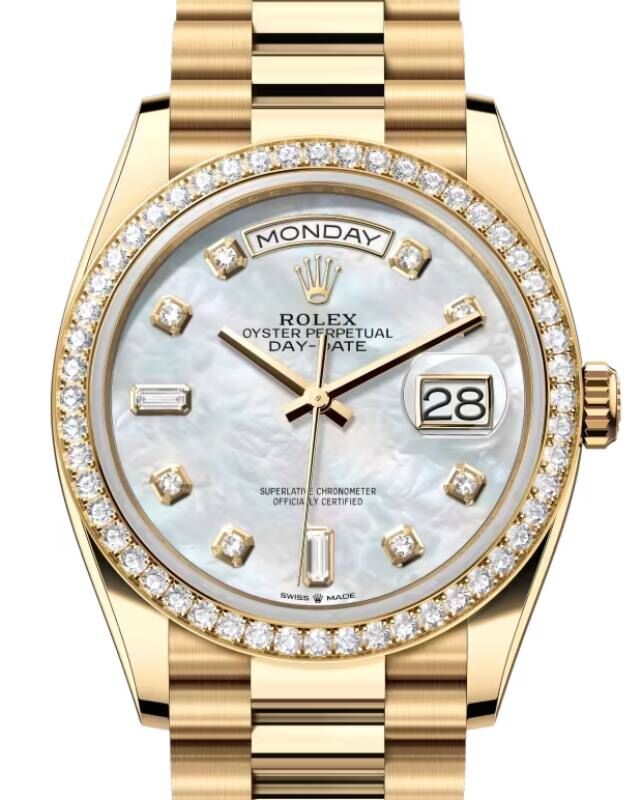 Rolex Day-Date 36 36 mm 128348RBRMOPDP Yellow Gold/Diamonds White Mother of Pearl