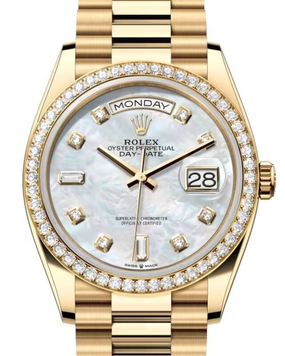Rolex Day-Date 36 36 mm 128348RBRMOPDP Yellow Gold/Diamonds White Mother of Pearl