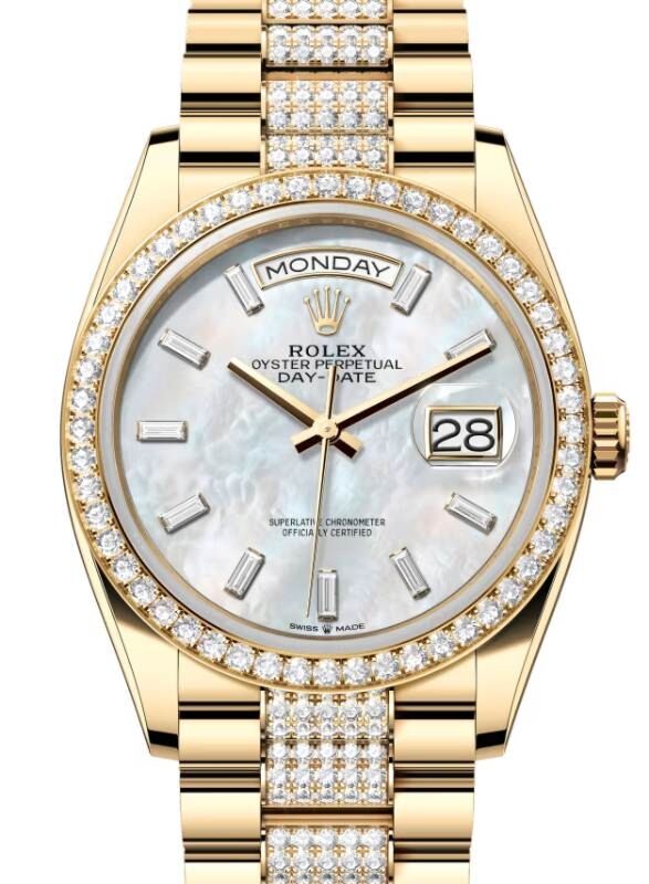 Rolex Day-Date 36 36 mm 128348RBRWMOPBDDP Yellow Gold/Diamonds White Mother of Pearl