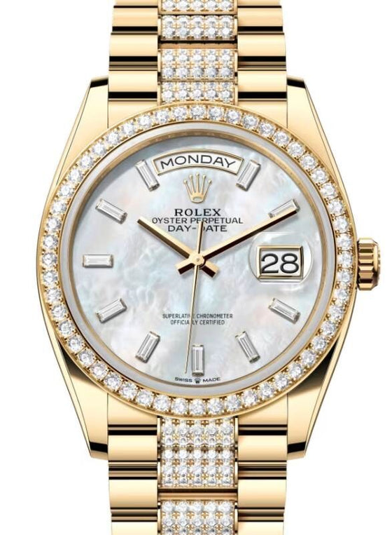 Rolex Day-Date 36 36 mm 128348RBRWMOPBDDP Yellow Gold/Diamonds White Mother of Pearl