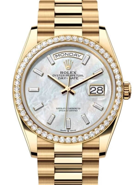 Rolex Day-Date 36 36 mm 128348RBRWMOPDP Yellow Gold/Diamonds White Mother of Pearl