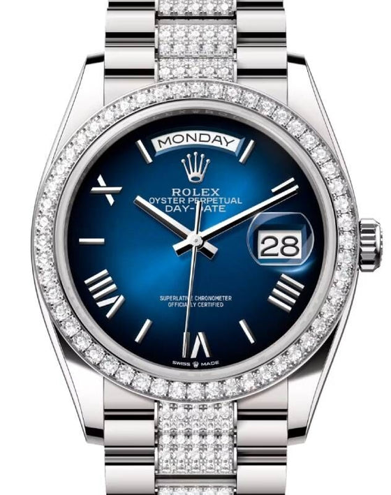 Rolex Day-Date 36 36 mm 128349RBRBODP White Gold/Diamonds Blue