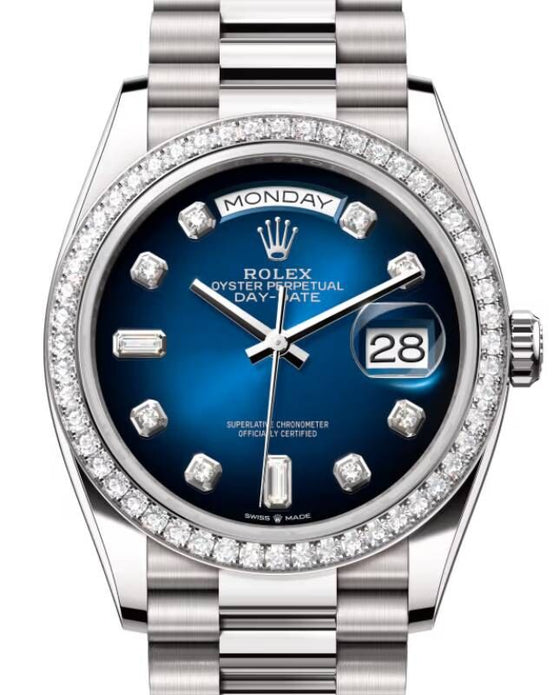Rolex Day-Date 36 36 mm 128349RBRBP White Gold/Diamonds Blue