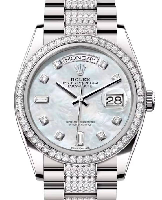 Rolex Day-Date 36 36 mm 128349RBRMOPDDP White Gold/Diamonds White Mother of Pearl