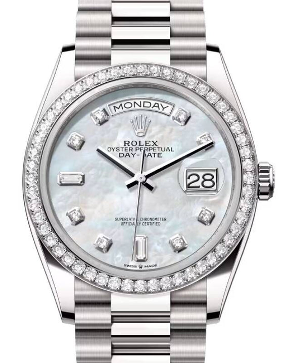 Rolex Day-Date 36 36 mm 128349RBRMP White Gold/Diamonds White Mother of Pearl