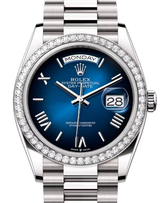Rolex Day-Date 36 36 mm 128349RBRSRP White Gold/Diamonds Blue