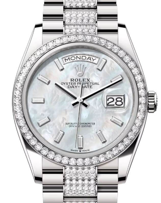 Rolex Day-Date 36 36 mm 128349RBRWMOPBDDP White Gold/Diamonds White Mother of Pearl