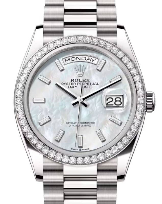 Rolex Day-Date 36 36 mm 128349RBRWMOPBDP White Gold/Diamonds White Mother of Pearl