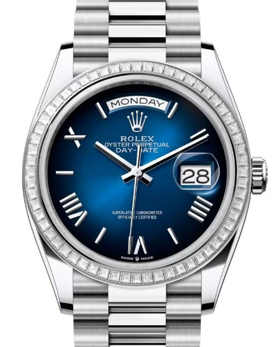 Rolex Day-Date 36 mm 128396TBRBOSRP Platinum/Diamonds Blue