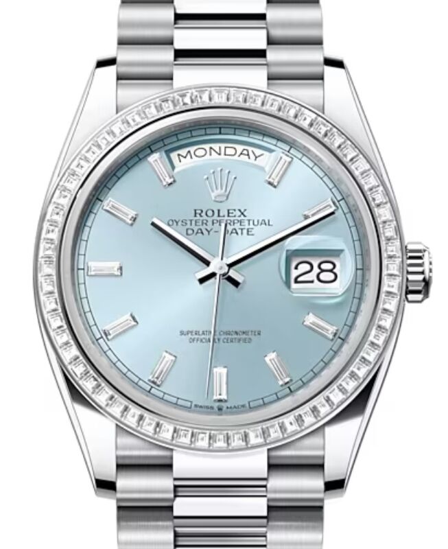 Rolex Day-Date 36 36 mm 128396TBRIBDP Platinum/Diamonds Ice Blue
