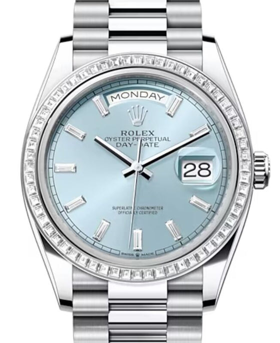Rolex Day-Date 36 36 mm 128396TBRIBDP Platinum/Diamonds Ice Blue