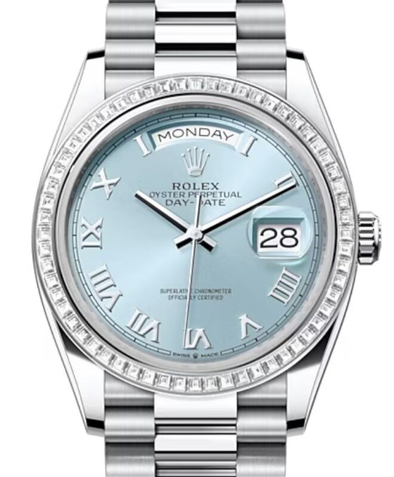 Rolex Day-Date 36 36 mm 128396TBRIBRP Platinum/Diamonds Ice Blue
