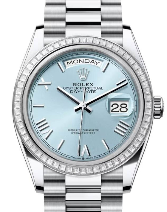 Rolex Day-Date 36 36 mm 128396TBRIBSRP Platinum/Diamonds Ice Blue